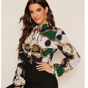 Geo & Chain Print Button-Front(S)|*BUSINESS CASUAL BLOUSE-GOES from DAY 2 NIGHT